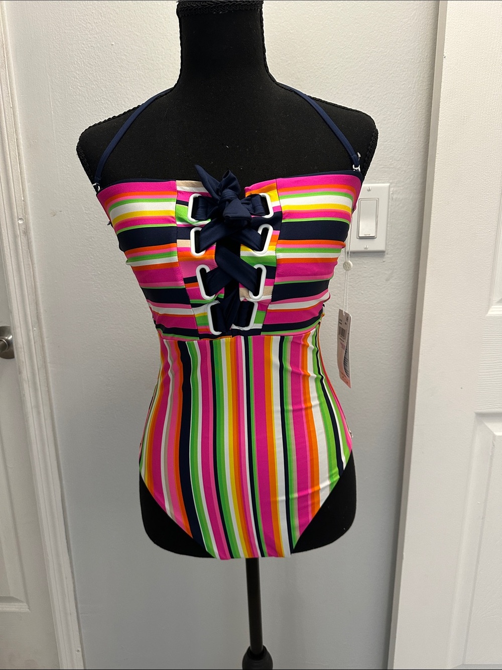 Trina Turk Neon Multi-Stripe One-Piece Swimsuit with Navy Bow